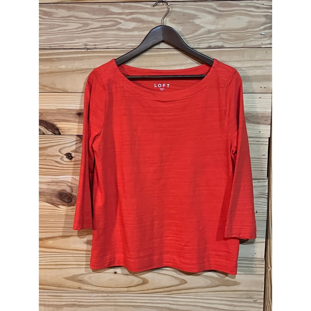 Loft Cotton 3/4 Sleeve Orange Pullover Boat Round Neck Blouse Top Womens Large